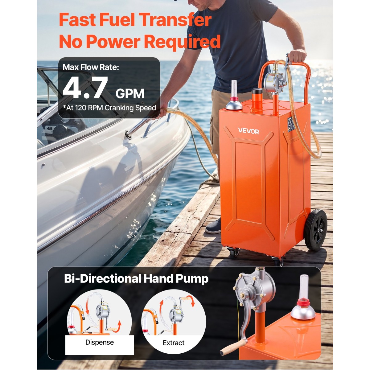 VEVOR 132.5L Fuel Gas Caddy, Carbon Steel, Φορητό δοχείο αποθήκευσης μεταφοράς καυσίμου με χειροκίνητη αντλία και 4 τροχούς, δοχείο βενζίνης ντίζελ, για αυτοκίνητα, χορτοκοπτικά, ATV, σκάφη, μοτοσικλέτες, πορτοκαλί