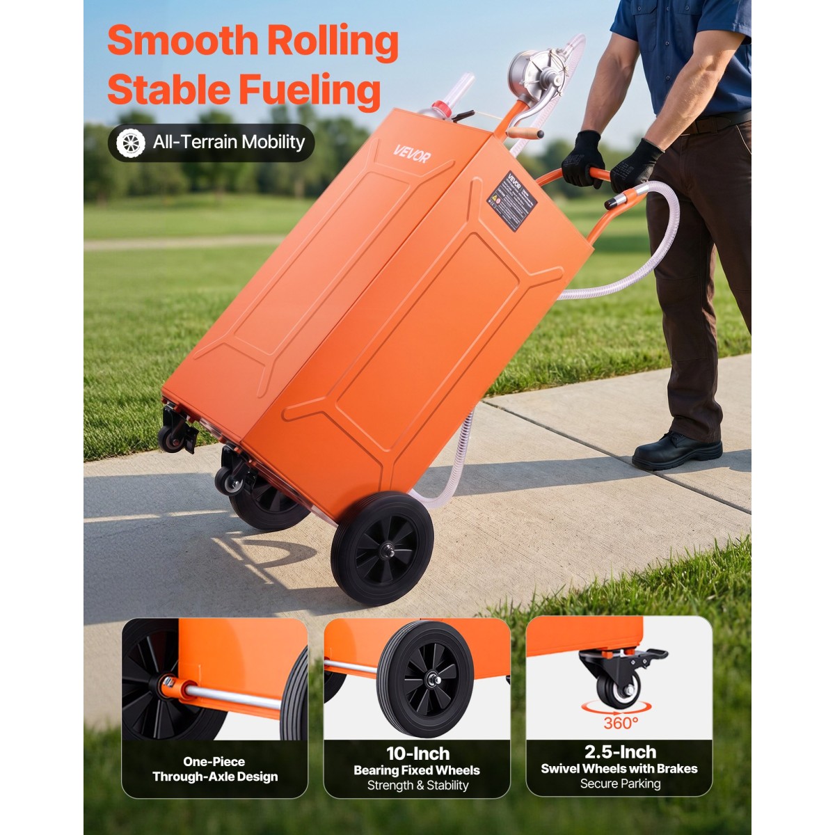 VEVOR 132.5L Fuel Gas Caddy, Carbon Steel, Φορητό δοχείο αποθήκευσης μεταφοράς καυσίμου με χειροκίνητη αντλία και 4 τροχούς, δοχείο βενζίνης ντίζελ, για αυτοκίνητα, χορτοκοπτικά, ATV, σκάφη, μοτοσικλέτες, πορτοκαλί