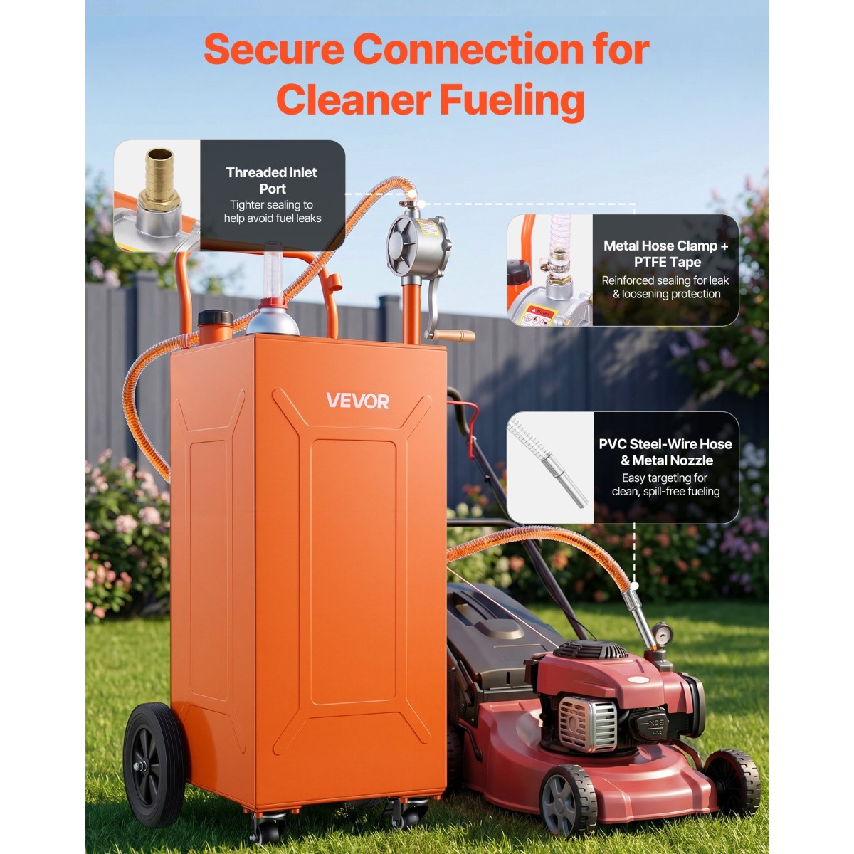 VEVOR 132.5L Fuel Gas Caddy, Carbon Steel, Φορητό δοχείο αποθήκευσης μεταφοράς καυσίμου με χειροκίνητη αντλία και 4 τροχούς, δοχείο βενζίνης ντίζελ, για αυτοκίνητα, χορτοκοπτικά, ATV, σκάφη, μοτοσικλέτες, πορτοκαλί