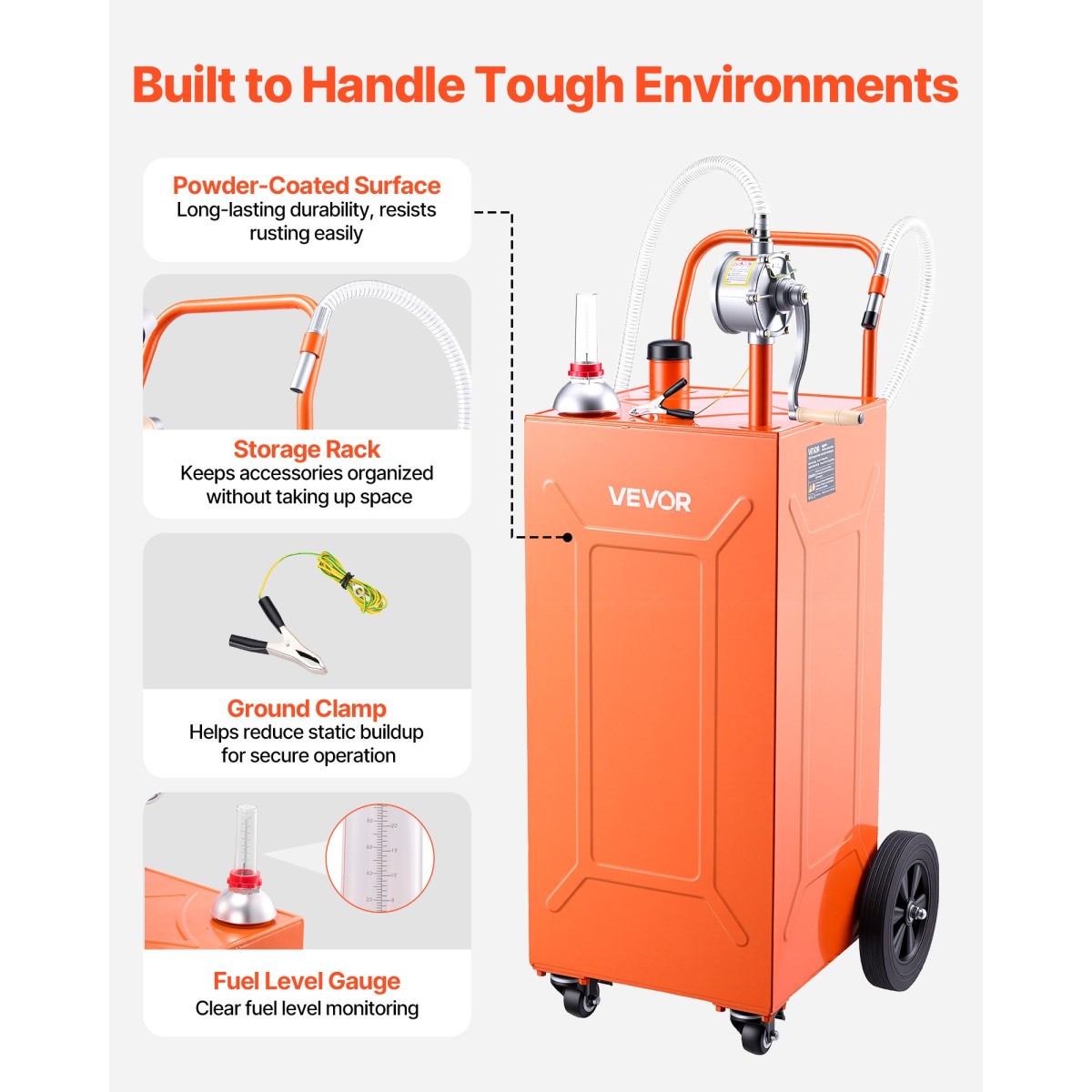 VEVOR 132.5L Fuel Gas Caddy, Carbon Steel, Φορητό δοχείο αποθήκευσης μεταφοράς καυσίμου με χειροκίνητη αντλία και 4 τροχούς, δοχείο βενζίνης ντίζελ, για αυτοκίνητα, χορτοκοπτικά, ATV, σκάφη, μοτοσικλέτες, πορτοκαλί
