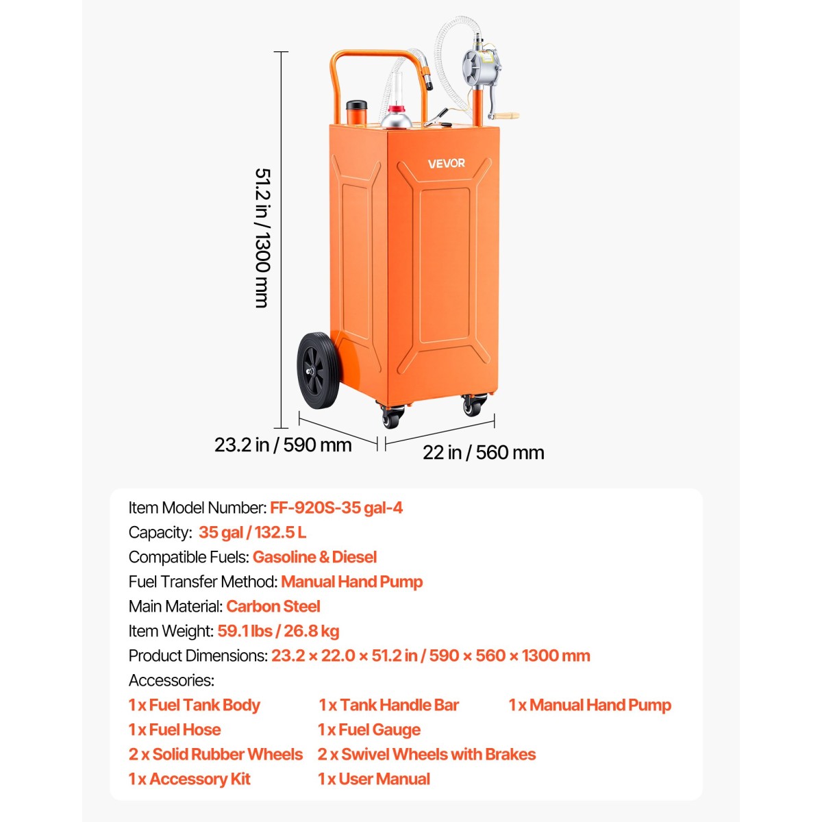 VEVOR 132.5L Fuel Gas Caddy, Carbon Steel, Φορητό δοχείο αποθήκευσης μεταφοράς καυσίμου με χειροκίνητη αντλία και 4 τροχούς, δοχείο βενζίνης ντίζελ, για αυτοκίνητα, χορτοκοπτικά, ATV, σκάφη, μοτοσικλέτες, πορτοκαλί