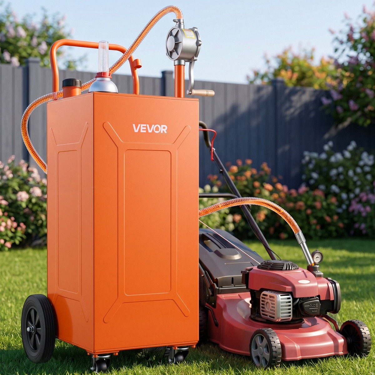 VEVOR 132.5L Fuel Gas Caddy, Carbon Steel, Φορητό δοχείο αποθήκευσης μεταφοράς καυσίμου με χειροκίνητη αντλία και 4 τροχούς, δοχείο βενζίνης ντίζελ, για αυτοκίνητα, χορτοκοπτικά, ATV, σκάφη, μοτοσικλέτες, πορτοκαλί