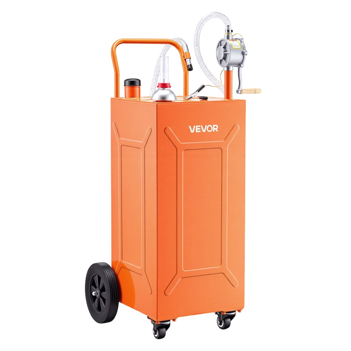VEVOR 132.5L Fuel Gas Caddy, Carbon Steel, Φορητό δοχείο αποθήκευσης μεταφοράς καυσίμου με χειροκίνητη αντλία και 4 τροχούς, δοχείο βενζίνης ντίζελ, για αυτοκίνητα, χορτοκοπτικά, ATV, σκάφη, μοτοσικλέτες, πορτοκαλί