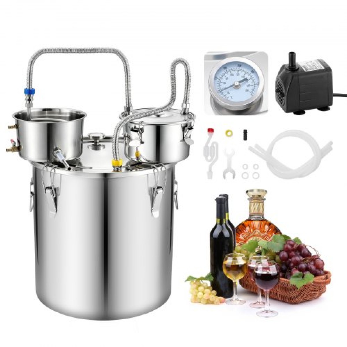 VEVOR Alcohol Still, 13,2 GAL/ 50L Alcohol Distiller with Thumper Keg, Dual-scale Thermometer and Water Pump, Home Brewing Kit για DIY Whisky Wine Brandy