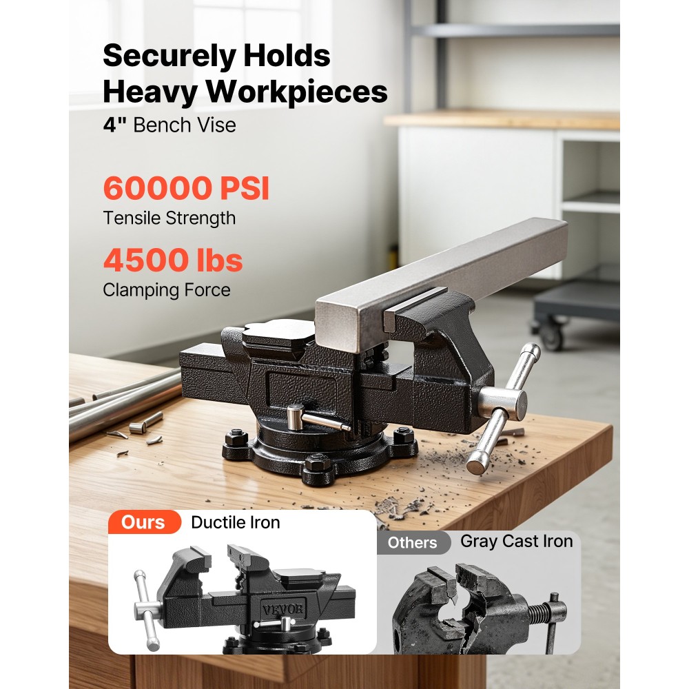 Μέγγενη πάγκου VEVOR Heavy Duty, πλάτος γνάθου 100 mm, όλκιμο σιδερένιο πολλαπλών χρήσεων μέγγενη πάγκου με αμόνι και περιστρεφόμενη βάση ασφάλισης 360 μοιρών, βάθος λαιμού 57 mm, άνοιγμα σιαγόνων 120 mm, για διάτρηση, κοπή σωλήνων