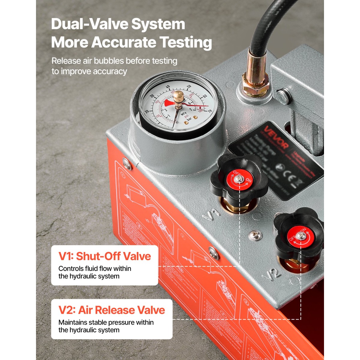 VEVOR Hydrostatic Test Pump 7,57 L Hydraulic Manual Pressure Pressure Water, Dual Valve Hydrostatic Water Pipe Leakage Test Pump Pump with Gauge & Tank, Εύρος 0-60 Bar, για Σωληνώσεις, Θέρμανση