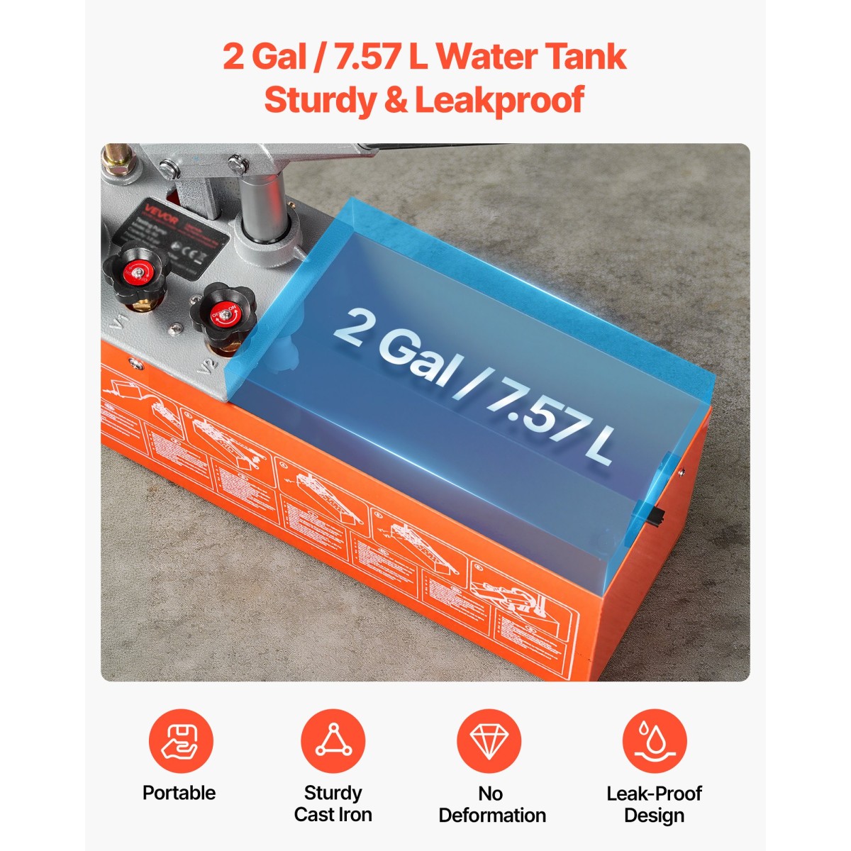 VEVOR Hydrostatic Test Pump 7,57 L Hydraulic Manual Pressure Pressure Water, Dual Valve Hydrostatic Water Pipe Leakage Test Pump Pump with Gauge & Tank, Εύρος 0-60 Bar, για Σωληνώσεις, Θέρμανση