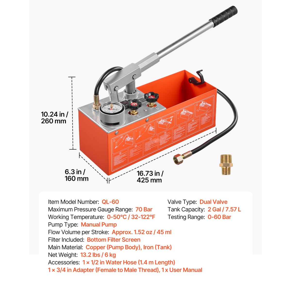 VEVOR Hydrostatic Test Pump 7,57 L Hydraulic Manual Pressure Pressure Water, Dual Valve Hydrostatic Water Pipe Leakage Test Pump Pump with Gauge & Tank, Εύρος 0-60 Bar, για Σωληνώσεις, Θέρμανση