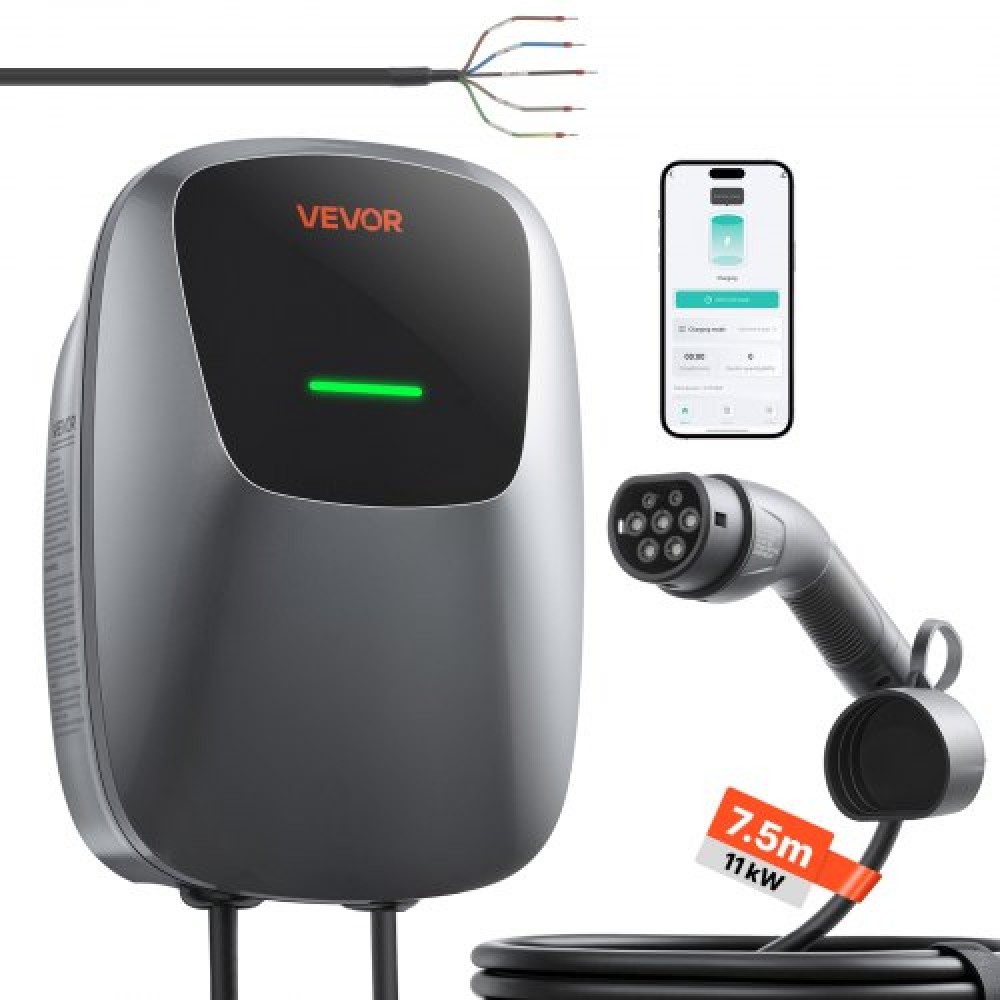 VEVOR Electric Vehicle Charging Station 11kW Τριφασικός φορτιστής EV 7,5M, για όλα τα EV και PHEV, 400V AC Home Type 2 Smart Car Wallbox, ρεύμα 16A, με APP Remote Control & LED Indicator, IP65