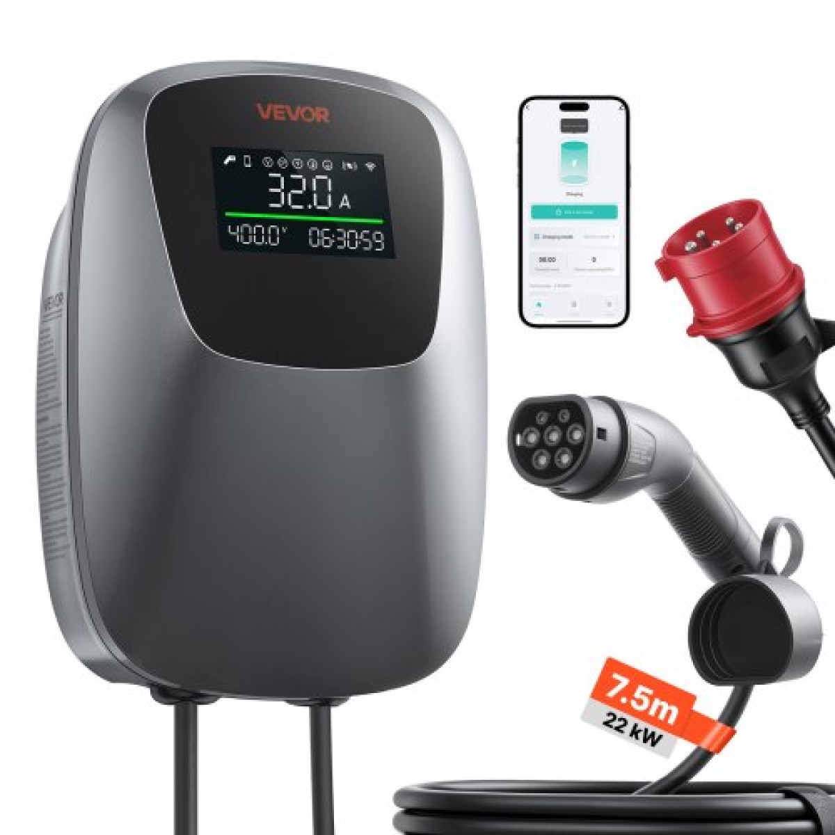 VEVOR Electric Vehicle Charging Station 22kW Τριφασικός φορτιστής EV CEE 32A, για όλα τα EV και PHEV, 400V AC Home Type 2 Smart Charging Car Charging Wallbox, με APP Remote Control & Digital Display, IP65