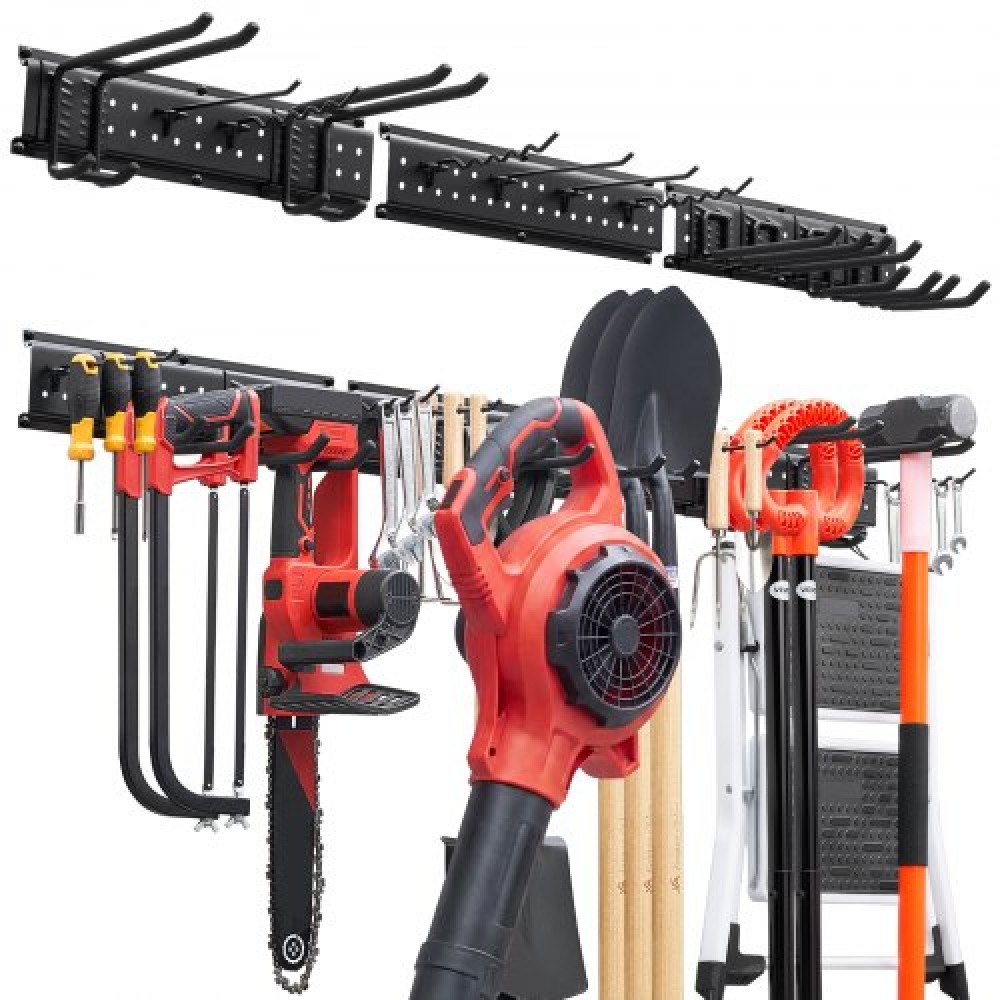 VEVOR Garage Tool Organizer 1257,3 mm 272 kg Βάση εργαλείων κήπου επιτοίχιας βάσης, Οργάνωση κρεμαστής θήκης αποθήκευσης γκαράζ βαρέως τύπου με 3 ράγες και 12 ρυθμιζόμενους γάντζους, για εργαλεία αυλής, φτυάρι, τσουγκράνα, υπόστεγο