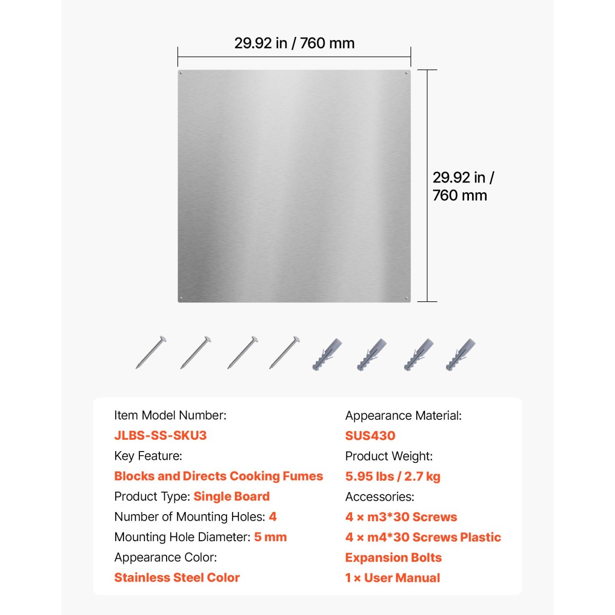 VEVOR 76x76 cm Πλάτη από ανοξείδωτο χάλυβα για σόμπα, Ultra Flat Splatter Guard, Wall Shield Range Hood Backsplash, Easy Clean Μεταλλικό πάνελ τοίχου κουζίνας, προ-τρυπημένες οπές για εύκολη εγκατάσταση, ασήμι