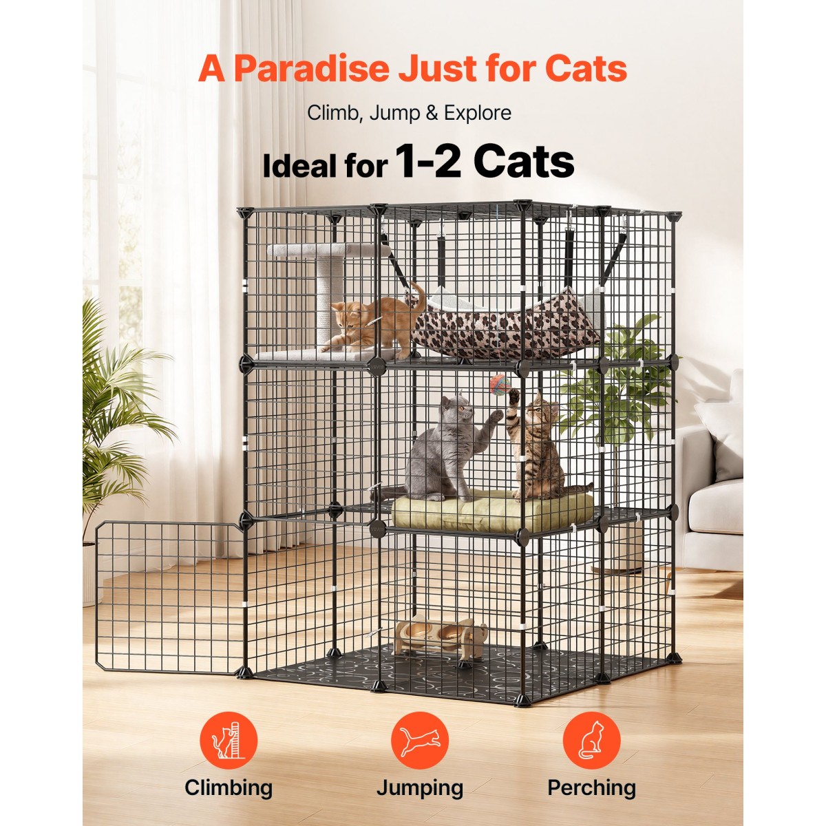 VEVOR Cat Cage 3-Tier 71,1 x 71,1 x 104,1 cm DIY παρκοκρέβατο για γάτες με αιώρα, αποσπώμενο μεταλλικό συρμάτινο κιβώτιο ρείθρων εσωτερικού χώρου, μεγάλο μέρος άσκησης Ιδανικό για 1-2 γάτες, γατάκια & μικρά ζώα, μαύρο