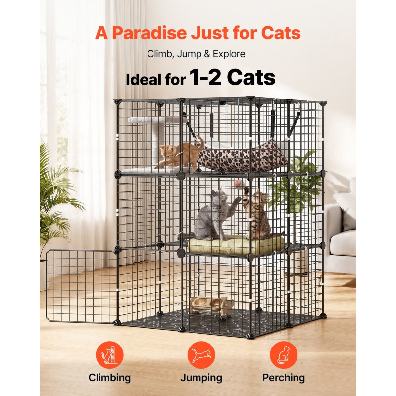 VEVOR Cat Cage 3-Tier 71,1 x 71,1 x 104,1 cm DIY παρκοκρέβατο για γάτες με αιώρα, αποσπώμενο μεταλλικό συρμάτινο κιβώτιο ρείθρων εσωτερικού χώρου, μεγάλο μέρος άσκησης Ιδανικό για 1-2 γάτες, γατάκια & μικρά ζώα, μαύρο