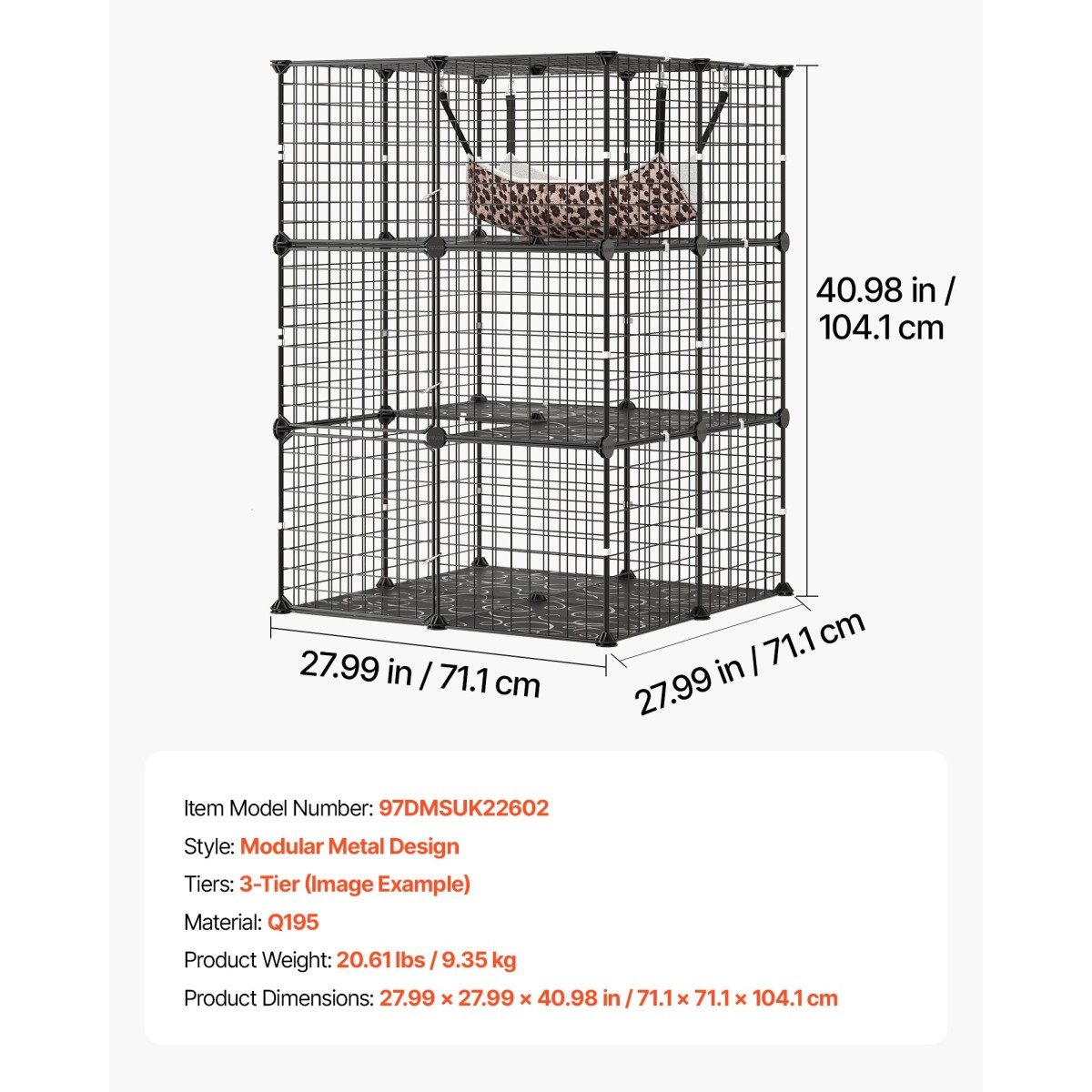 VEVOR Cat Cage 3-Tier 71,1 x 71,1 x 104,1 cm DIY παρκοκρέβατο για γάτες με αιώρα, αποσπώμενο μεταλλικό συρμάτινο κιβώτιο ρείθρων εσωτερικού χώρου, μεγάλο μέρος άσκησης Ιδανικό για 1-2 γάτες, γατάκια & μικρά ζώα, μαύρο