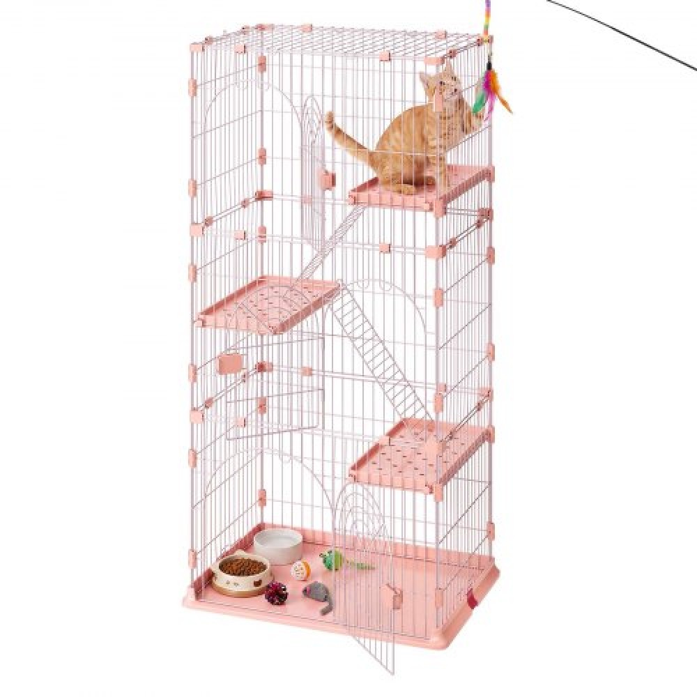 VEVOR Cat Cage 4-Tier 84 x 60,5 x 163,5 cm DIY παρκοκρέβατο για γάτες με σκάλες, αποσπώμενο μεταλλικό συρμάτινο κλουβί για ρείθρο εσωτερικού χώρου, μεγάλος χώρος άσκησης για 1-2 γάτες, γατάκια, κουνάβια, μικρά ζώα, ροζ