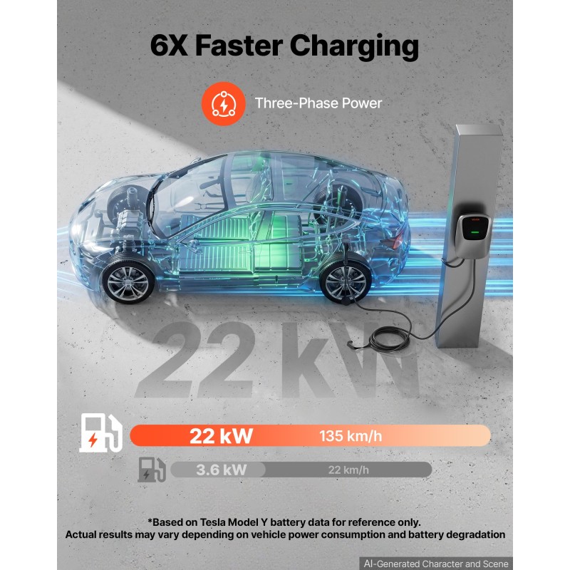 VEVOR Electric Vehicle Charging Station 22kW Τριφασικός φορτιστής EV 7,5M, για όλα τα EV και PHEV, 400V AC Home Type 2 Smart Car Wallbox, ρεύμα 32A, με APP Remote Control & LED Indicator, IP65