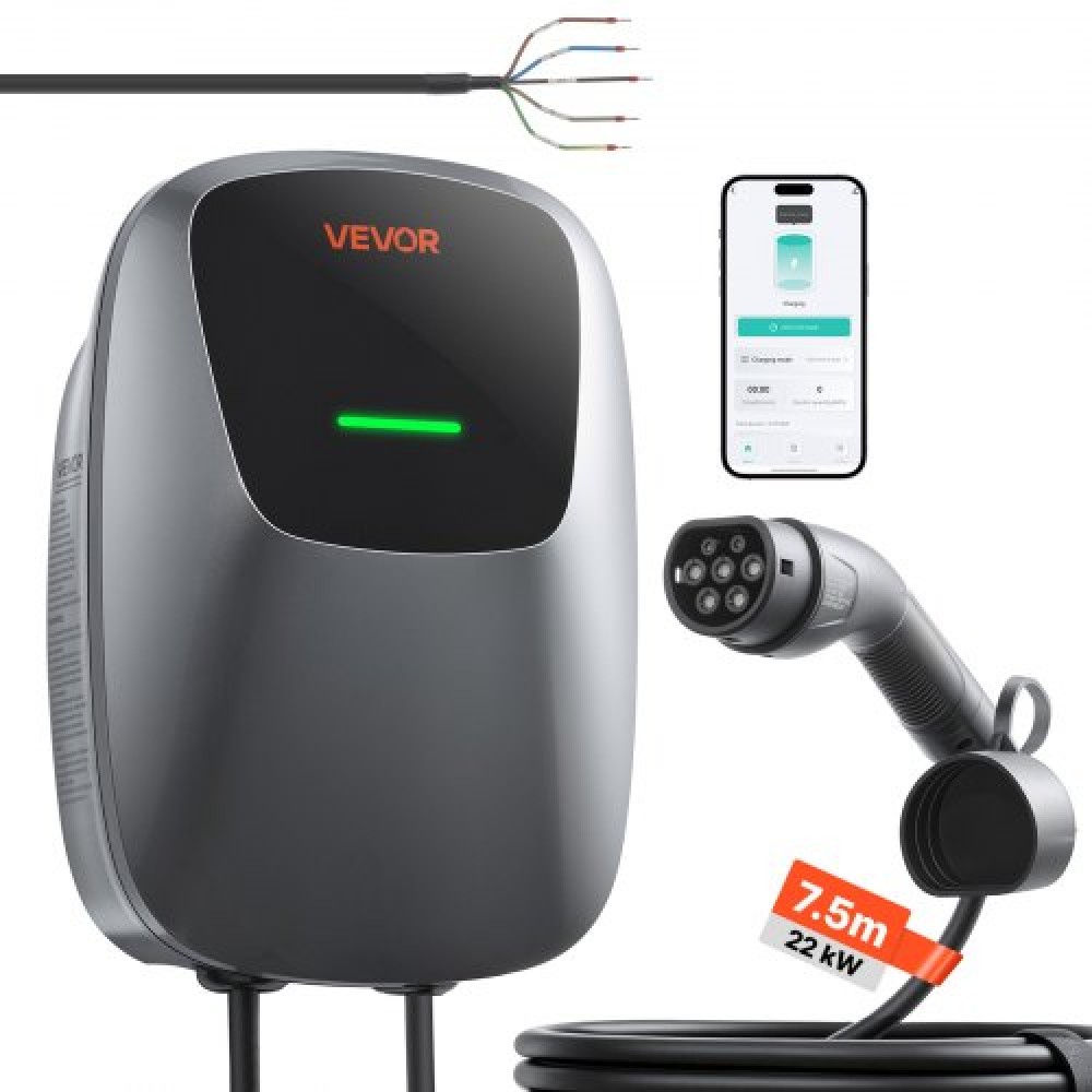 VEVOR Electric Vehicle Charging Station 22kW Τριφασικός φορτιστής EV 7,5M, για όλα τα EV και PHEV, 400V AC Home Type 2 Smart Car Wallbox, ρεύμα 32A, με APP Remote Control & LED Indicator, IP65