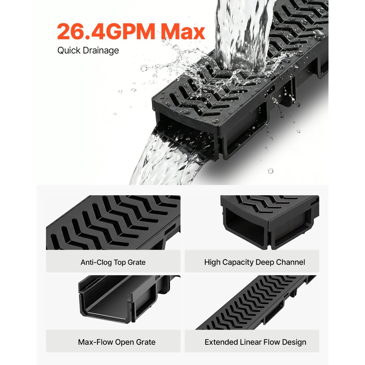 VEVOR Trench Drain, 1005 x 103 x 62 mm, 5 Pack Γραμμικό κανάλι αποστράγγισης, HDPE κανάλι αποστράγγισης με σχάρες & καπάκια, Premium εξωτερικό σύστημα αποστράγγισης για δρόμο, βεράντα, πισίνα, κήπο, αυλή, μαύρο