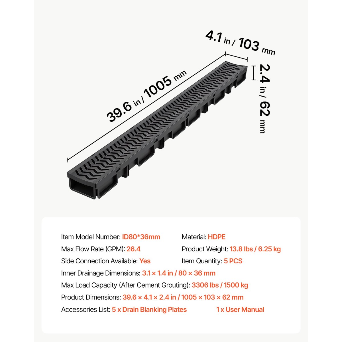 VEVOR Trench Drain, 1005 x 103 x 62 mm, 5 Pack Γραμμικό κανάλι αποστράγγισης, HDPE κανάλι αποστράγγισης με σχάρες & καπάκια, Premium εξωτερικό σύστημα αποστράγγισης για δρόμο, βεράντα, πισίνα, κήπο, αυλή, μαύρο