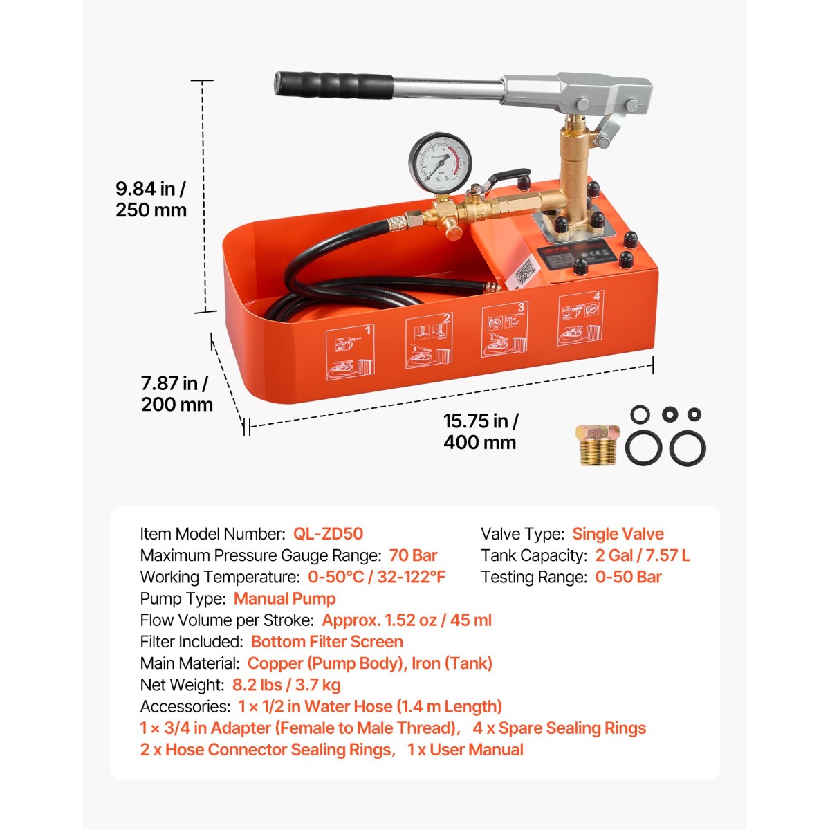 VEVOR Hydrostatic Test Pump 7,57 L Hydraulic Manual Test Pressure Water, Single Valve Hydrostatic Water Pipe Tested Pump Pump kit with Gauge & Tank, Range 0-50 Bar, for Pipeline Heating
