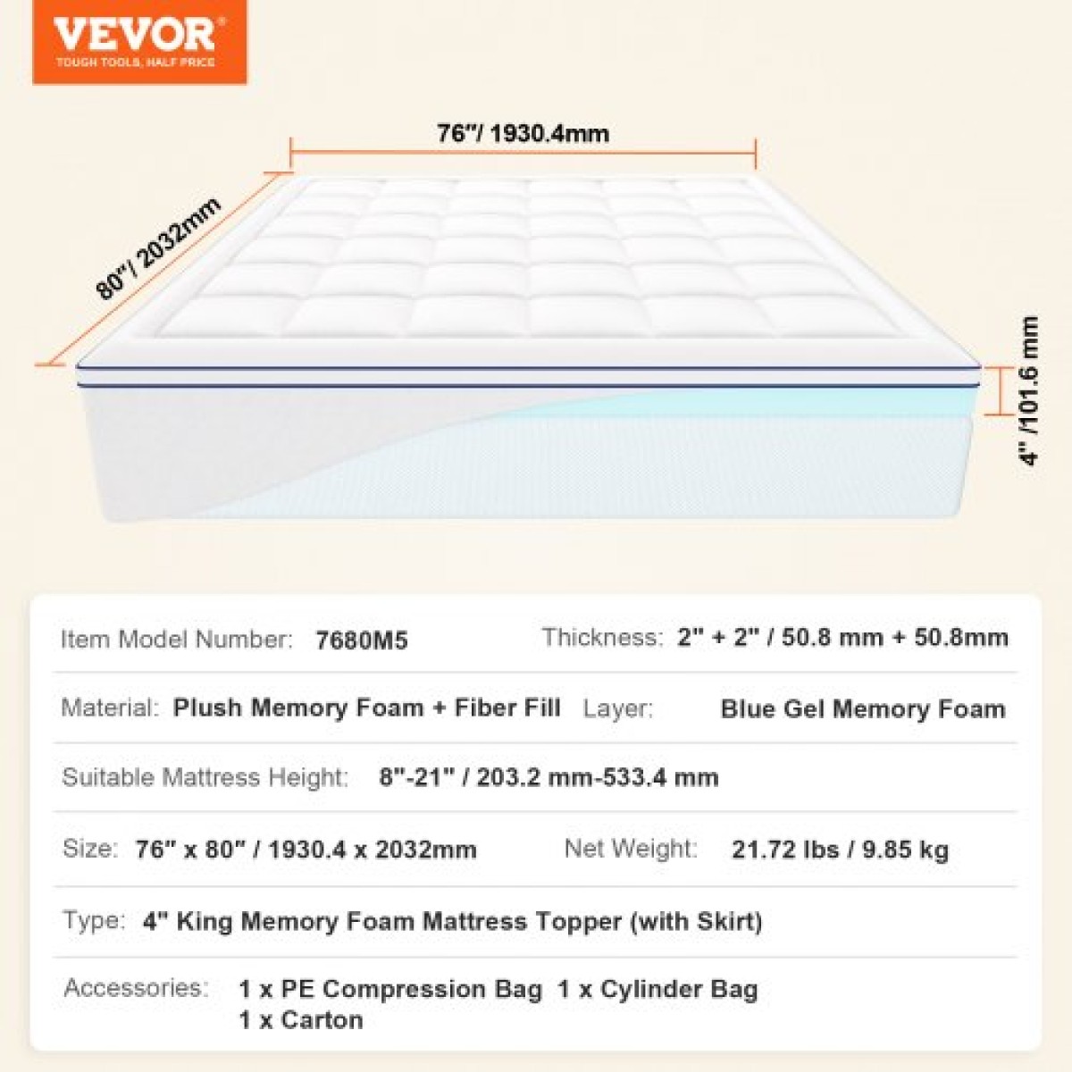 VEVOR Topper στρώματος Premium Memory Fiber Fill King 1930x2032x101,6 mm Πάχος