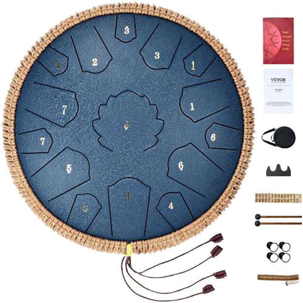 VEVOR Steel Tongue Drum, 14 in & 15 Notes, Rain Drum for Outside Garden, C Major Key, Tank Drum with 2 Mallets & Carry Bag, Hand Pan Drum Drum Percussion Instrument for Musical Education Yoga, Navy Blue