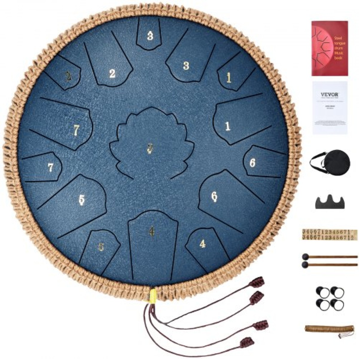 VEVOR Steel Tongue Drum, 14 in & 15 Notes, Rain Drum for Outside Garden, C Major Key, Tank Drum with 2 Mallets & Carry Bag, Hand Pan Drum Drum Percussion Instrument for Musical Education Yoga, Navy Blue