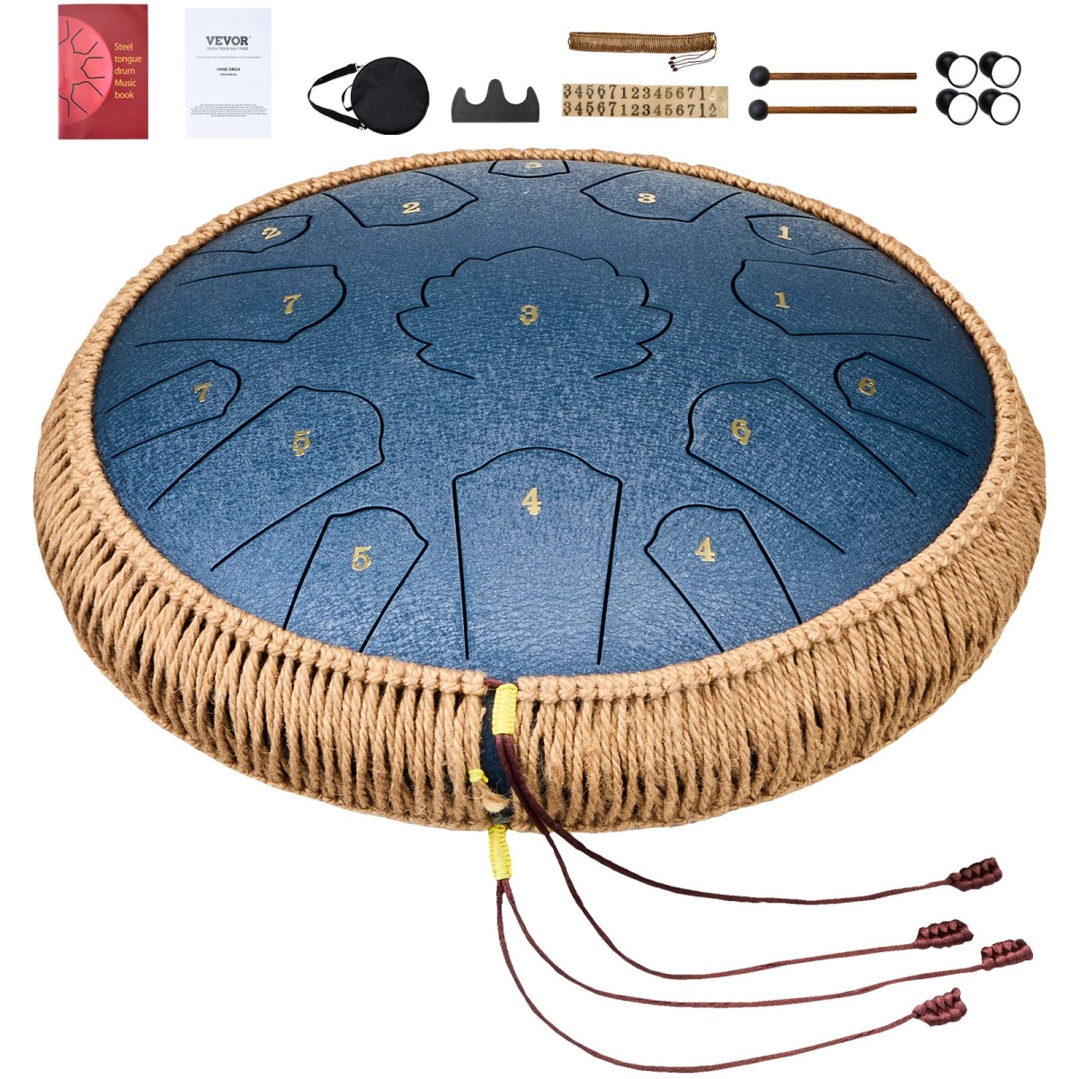 VEVOR Steel Tongue Drum, 14 in & 15 Notes, Rain Drum for Outside Garden, C Major Key, Tank Drum with 2 Mallets & Carry Bag, Hand Pan Drum Drum Percussion Instrument for Musical Education Yoga, Navy Blue