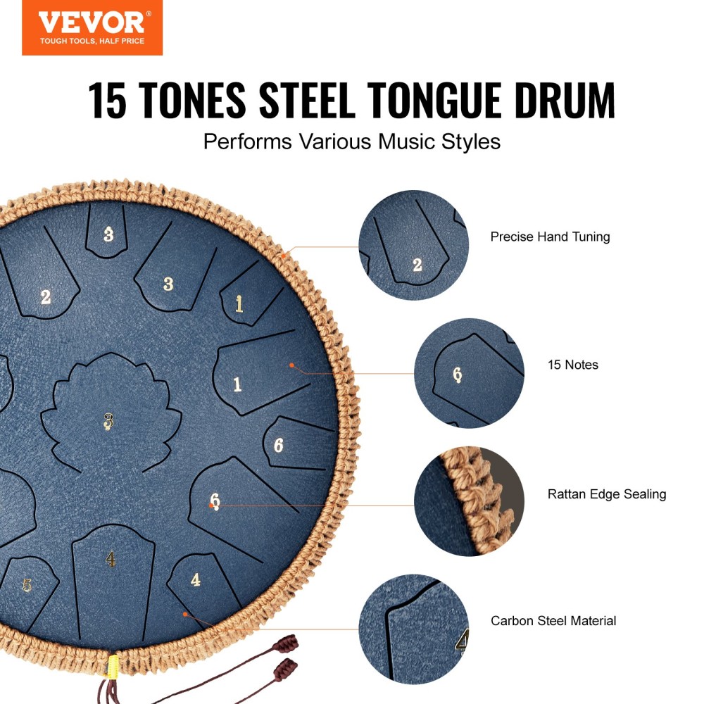 VEVOR Steel Tongue Drum, 14 in & 15 Notes, Rain Drum for Outside Garden, D Major Key, Tank Drum with 2 Mallets & Carry Bag, Hand Pan Drum Drum Percussion Instrument for Musical Education Yoga, Navy Blue