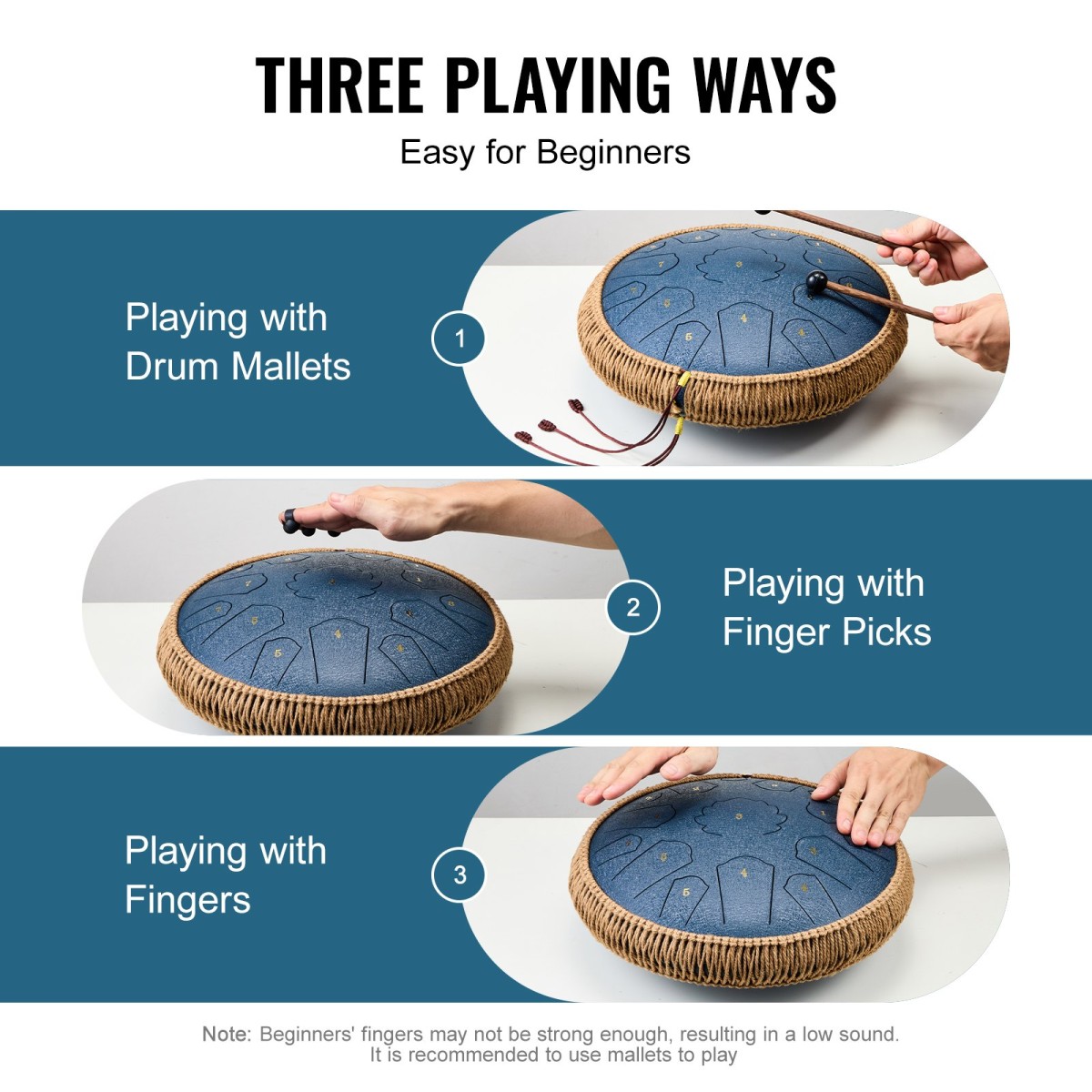 VEVOR Steel Tongue Drum, 14 in & 15 Notes, Rain Drum for Outside Garden, D Major Key, Tank Drum with 2 Mallets & Carry Bag, Hand Pan Drum Drum Percussion Instrument for Musical Education Yoga, Navy Blue