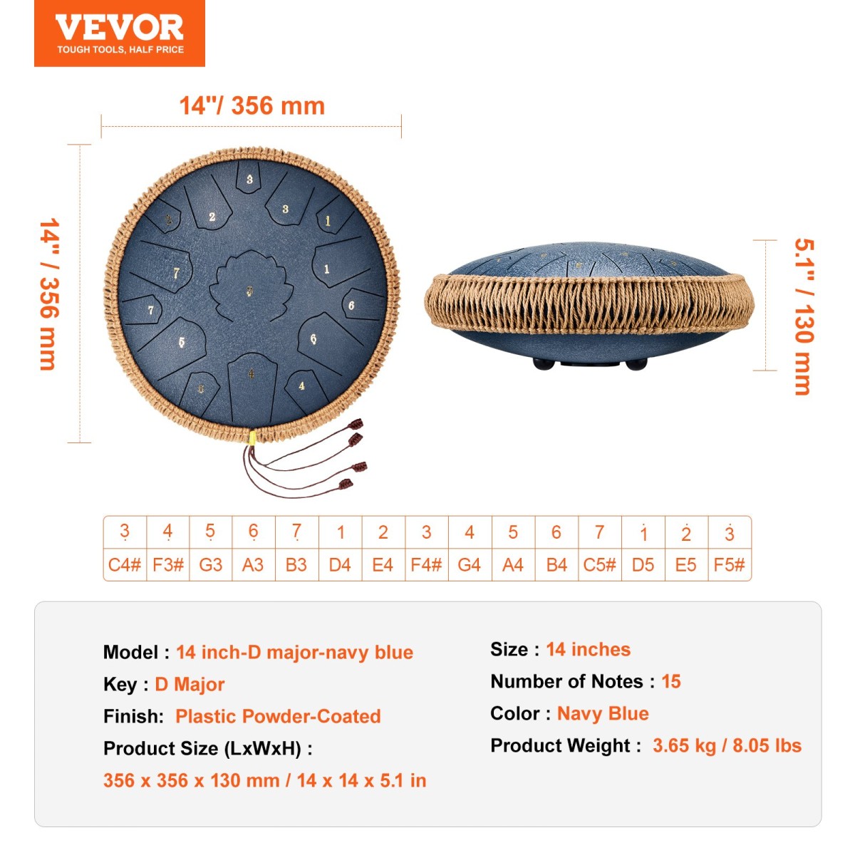 VEVOR Steel Tongue Drum, 14 in & 15 Notes, Rain Drum for Outside Garden, D Major Key, Tank Drum with 2 Mallets & Carry Bag, Hand Pan Drum Drum Percussion Instrument for Musical Education Yoga, Navy Blue