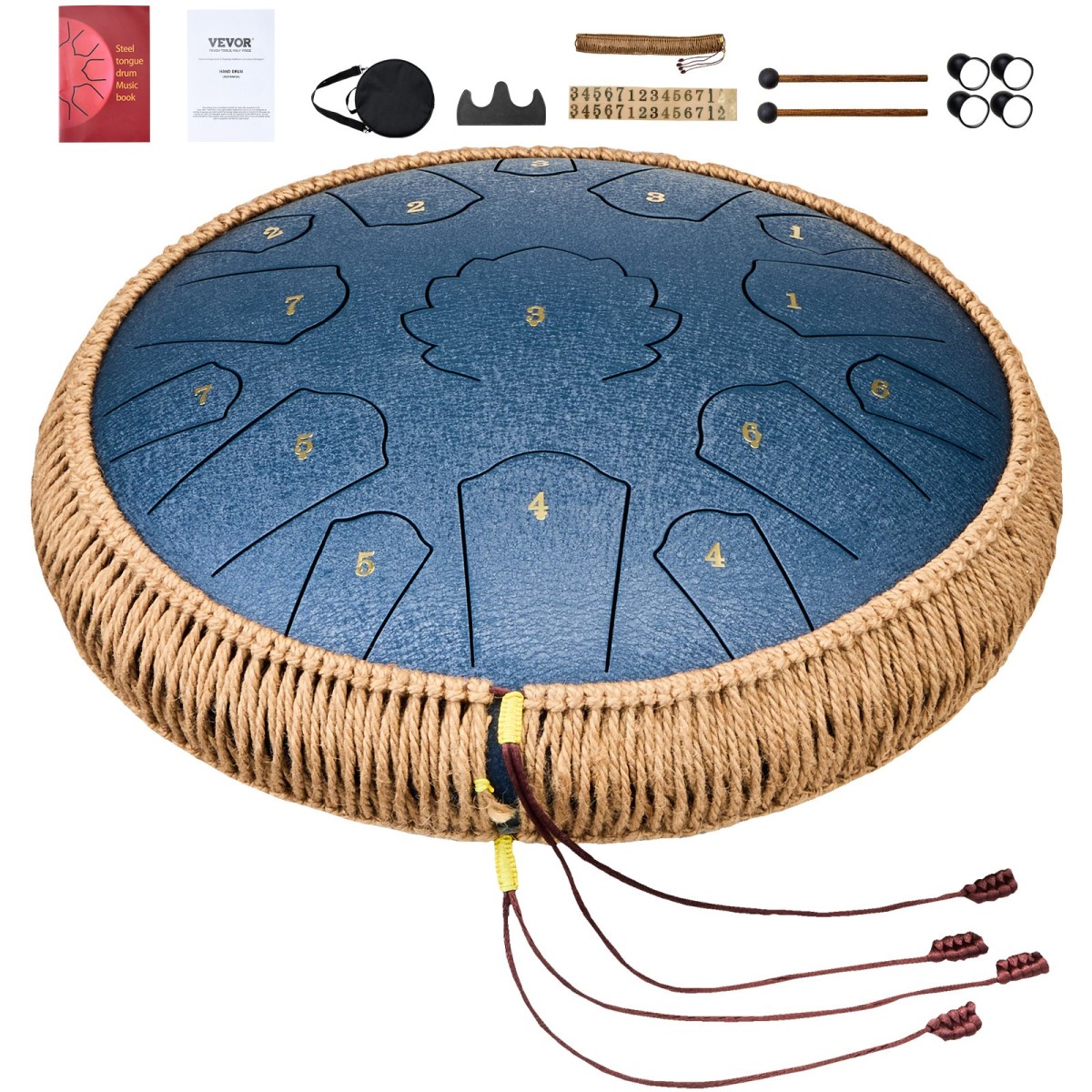 VEVOR Steel Tongue Drum, 14 in & 15 Notes, Rain Drum for Outside Garden, D Major Key, Tank Drum with 2 Mallets & Carry Bag, Hand Pan Drum Drum Percussion Instrument for Musical Education Yoga, Navy Blue