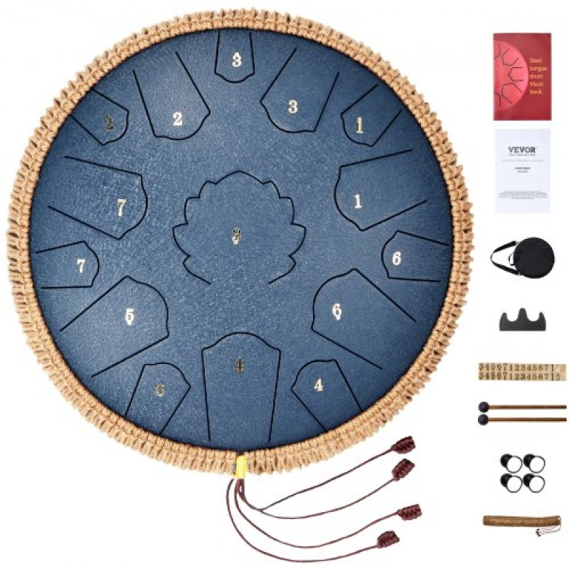 VEVOR Steel Tongue Drum, 14 in & 15 Notes, Rain Drum for Outside Garden, D Major Key, Tank Drum with 2 Mallets & Carry Bag, Hand Pan Drum Drum Percussion Instrument for Musical Education Yoga, Navy Blue