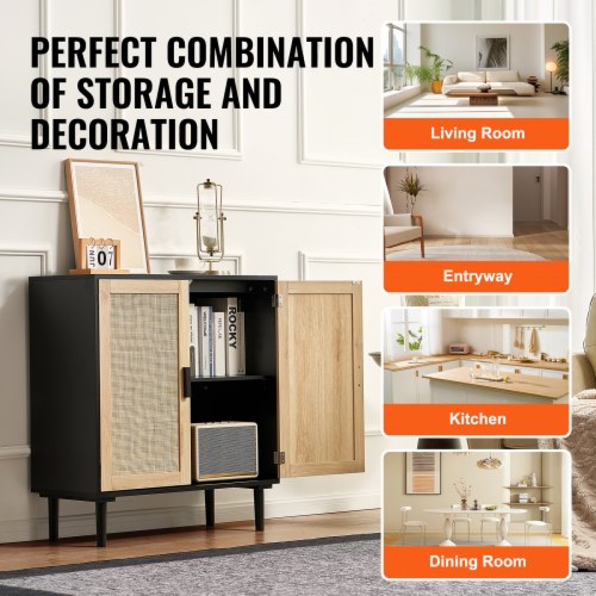 Ντουλάπι VEVOR Rattan, Ντουλάπι αποθήκευσης Rattan με 2 μαγνητικές πόρτες και ρυθμιζόμενα ράφια, μπουφές μπουφέ για διάδρομο, είσοδο, σαλόνι ή κουζίνα, μαύρο