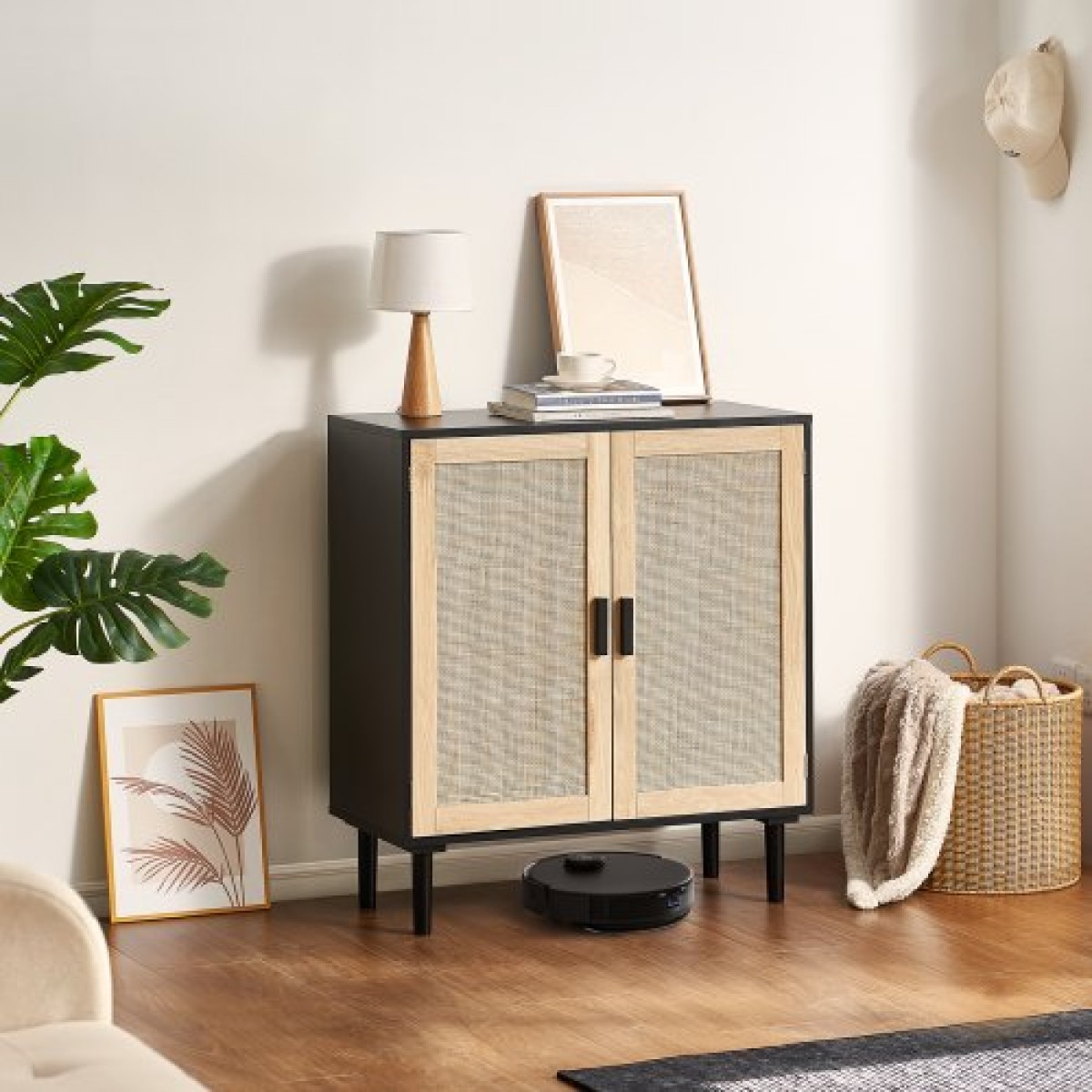 Ντουλάπι VEVOR Rattan, Ντουλάπι αποθήκευσης Rattan με 2 μαγνητικές πόρτες και ρυθμιζόμενα ράφια, μπουφές μπουφέ για διάδρομο, είσοδο, σαλόνι ή κουζίνα, μαύρο