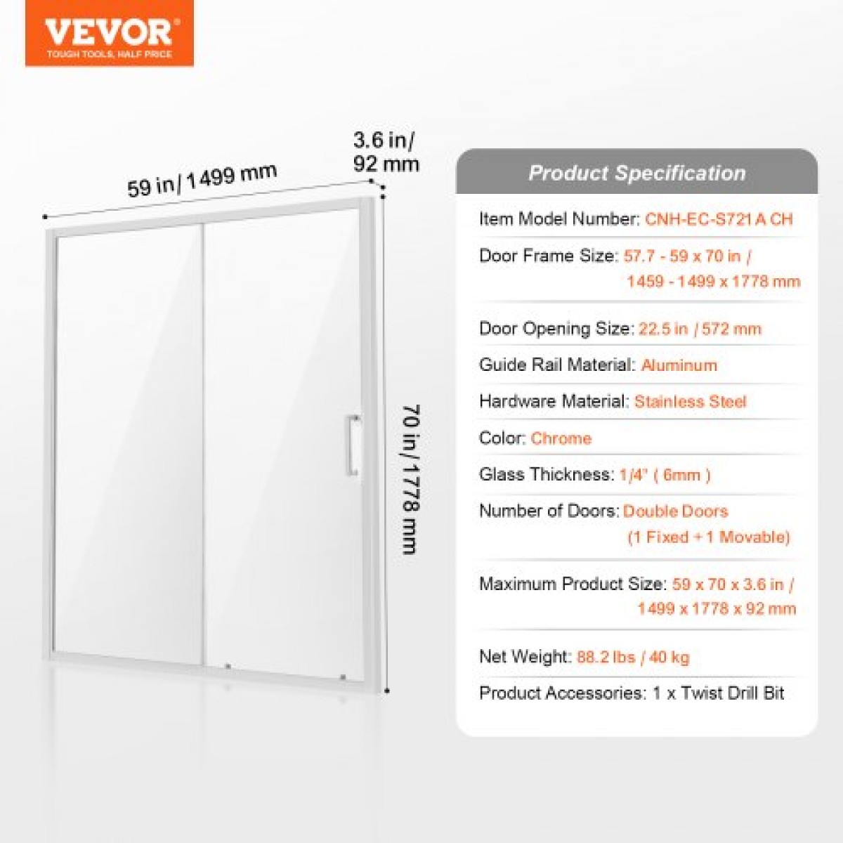 VEVOR Πόρτα ντους ημι-πλαίσιο, 57,7-59" Π x 70" Υ, Συρόμενη γυάλινη πόρτα ντουζιέρας με διαφανές σκληρυμένο γυαλί 1/4" (6 χιλιοστά), αδιάβροχο αδιάβροχο NANO Ανθεκτικό στους λεκέδες με υλικό από ανοξείδωτο χάλυβα, χρώμιο