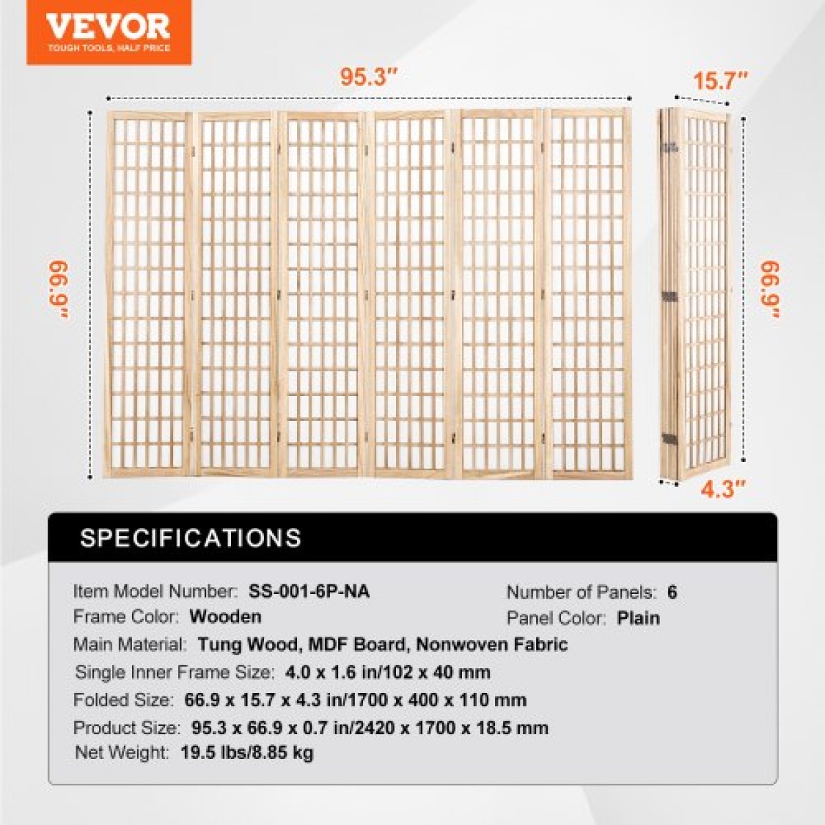 VEVOR Room Divider, 6 Panel Japanese Room Divider, Wood folding Privacy Screen Indoor, Japanese Partition Divider Φορητές διακοσμητικές οθόνες, για διαχωρισμό δωματίων Home Office Εστιατόριο & Υπνοδωμάτιο