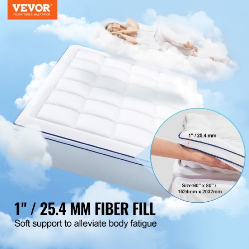VEVOR Στρώμα Topper Fiber Fill Αποσπώμενο & Πλενόμενο Queen 25,4 mm Πάχος 1524x2032 mm
