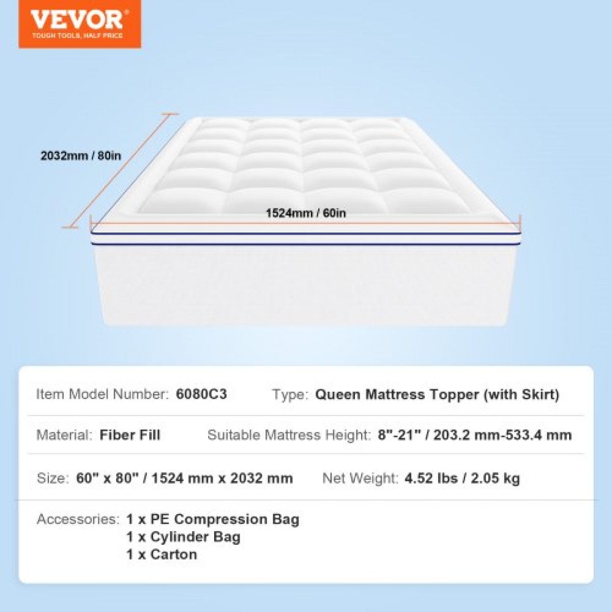 VEVOR Στρώμα Topper Fiber Fill Αποσπώμενο & Πλενόμενο Queen 25,4 mm Πάχος 1524x2032 mm