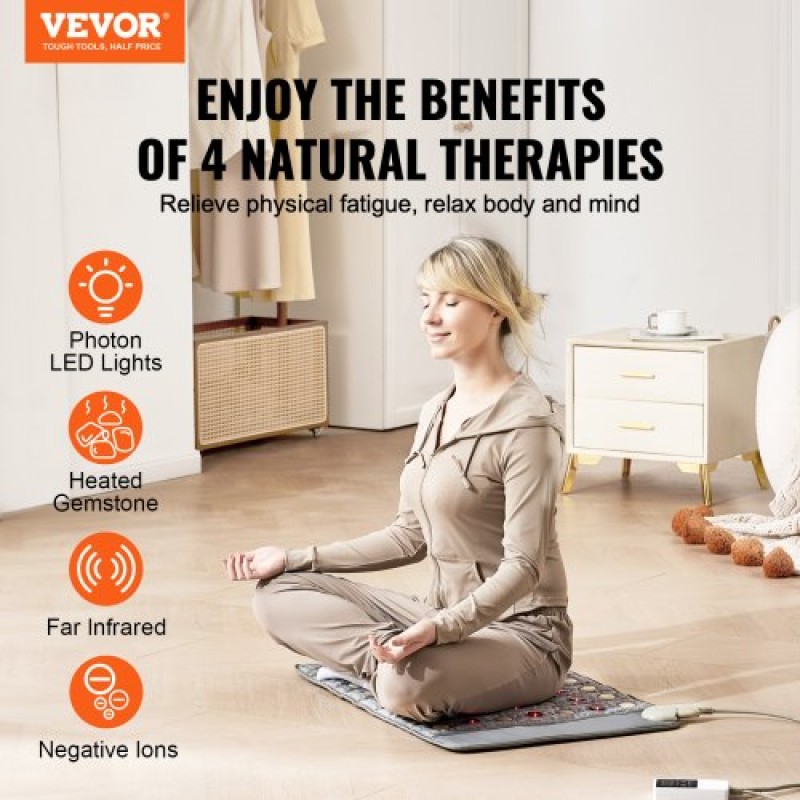 Θέρμανση VEVOR Far Infrared, Θερμαντικό Πέλμα Αμέθυστου με πέτρες νεφρίτη και τουρμαλίνη, φως φωτονίων 660nm & αρνητικά ιόντα, 103-159℉ Hot Gemstones Mat με χρονόμετρο 0-720 Min για ανακούφιση από τον πόνο (32" x 20")