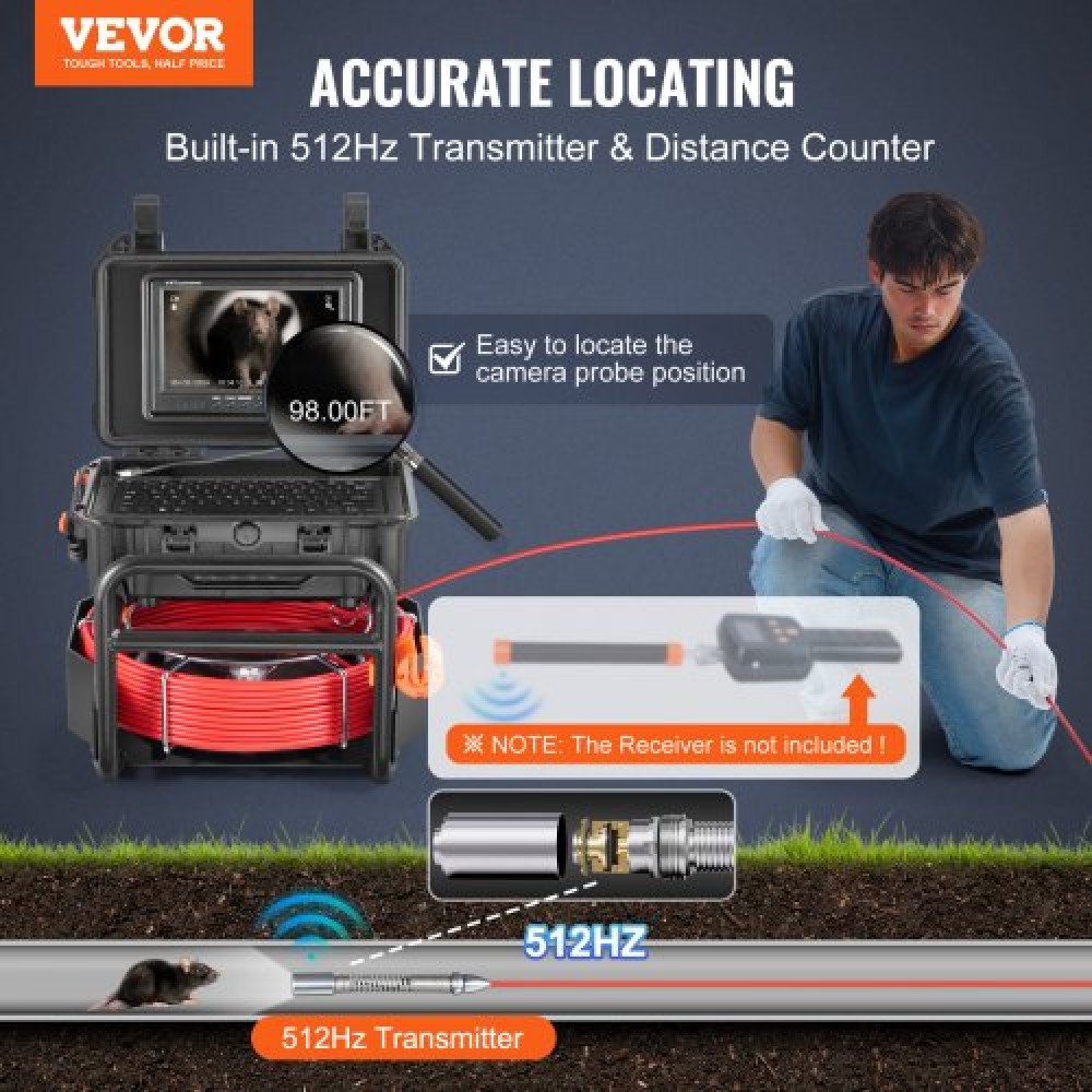 VEVOR Sewer Camera, 98 ft/30m, Αυτοεπιπεδούμενη κάμερα αποστράγγισης με πομπό 512 Hz, μετρητής απόστασης, 9" Screen 1080P HD Snake Plumbing Camera με Light-12 LED & Κάρτα 32 GB για σωλήνα αγωγού