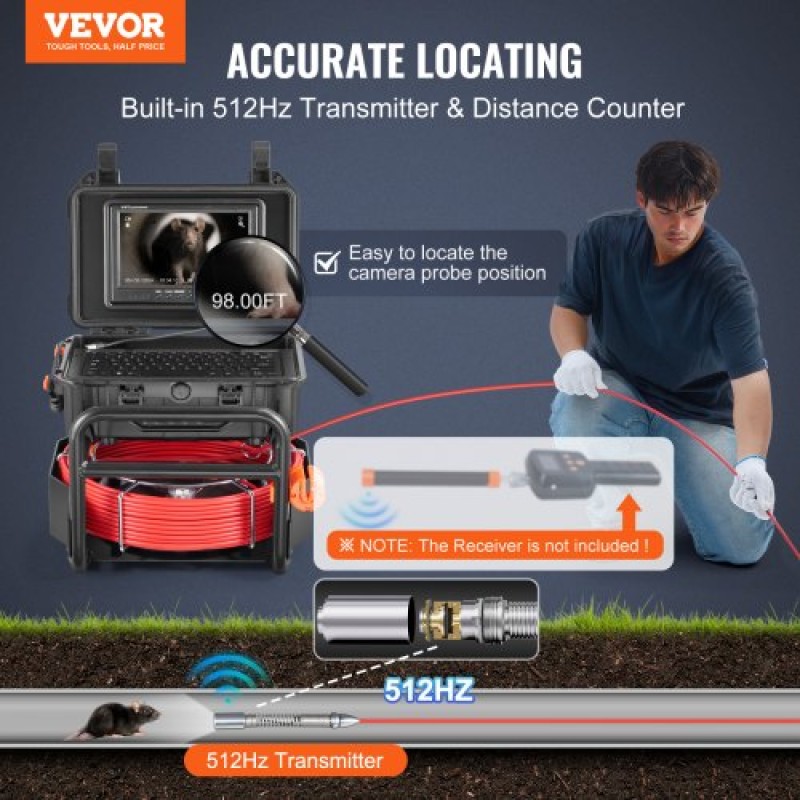 VEVOR Sewer Camera, 98 ft/30m, Αυτοεπιπεδούμενη κάμερα αποστράγγισης με πομπό 512 Hz, μετρητής απόστασης, 9" Screen 1080P HD Snake Plumbing Camera με Light-12 LED & Κάρτα 32 GB για σωλήνα αγωγού