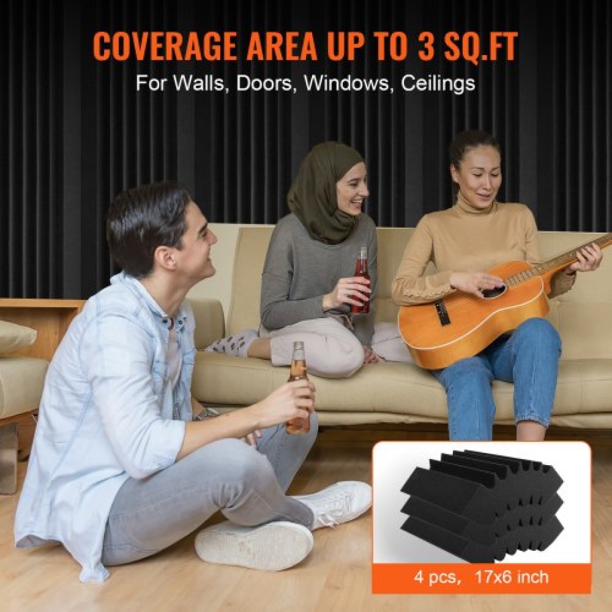 Πάνελ VEVOR Acoustic Foam, 4 Pack 16,5 x 6,3 x 12 ίντσες, Αυτοκόλλητα ηχομονωτικά πάνελ τοίχου υψηλής πυκνότητας, πάνελ απορρόφησης ήχου για τοίχο και οροφή στούντιο, μαύρο