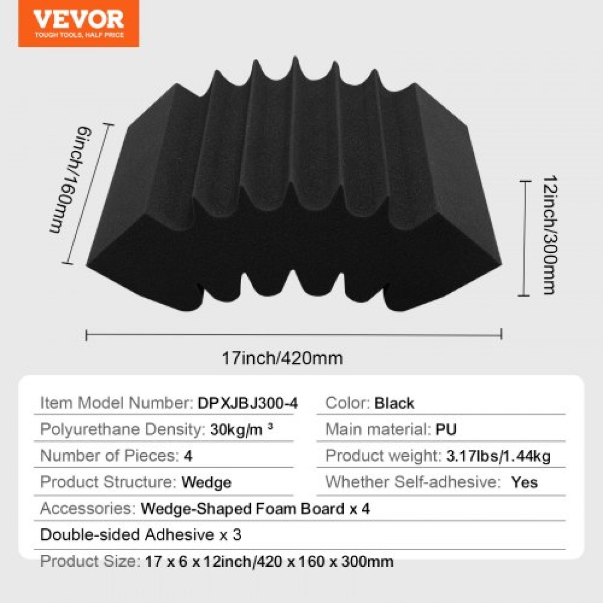 Πάνελ VEVOR Acoustic Foam, 4 Pack 16,5 x 6,3 x 12 ίντσες, Αυτοκόλλητα ηχομονωτικά πάνελ τοίχου υψηλής πυκνότητας, πάνελ απορρόφησης ήχου για τοίχο και οροφή στούντιο, μαύρο