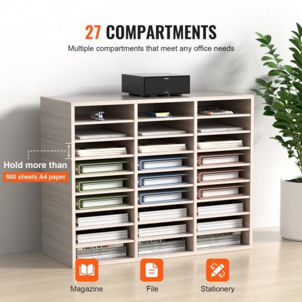 VEVOR 27 Compartments Wood Literature Organizer, Ρυθμιζόμενα ράφια, Medium Density Fiberboard Mail Center, Office Home School Storage για αρχεία, έγγραφα, χαρτιά, περιοδικά, γκρι