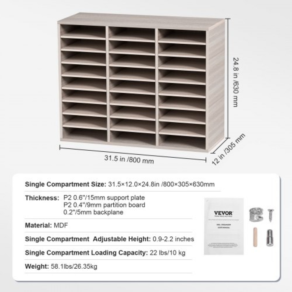 VEVOR 27 Compartments Wood Literature Organizer, Ρυθμιζόμενα ράφια, Medium Density Fiberboard Mail Center, Office Home School Storage για αρχεία, έγγραφα, χαρτιά, περιοδικά, γκρι