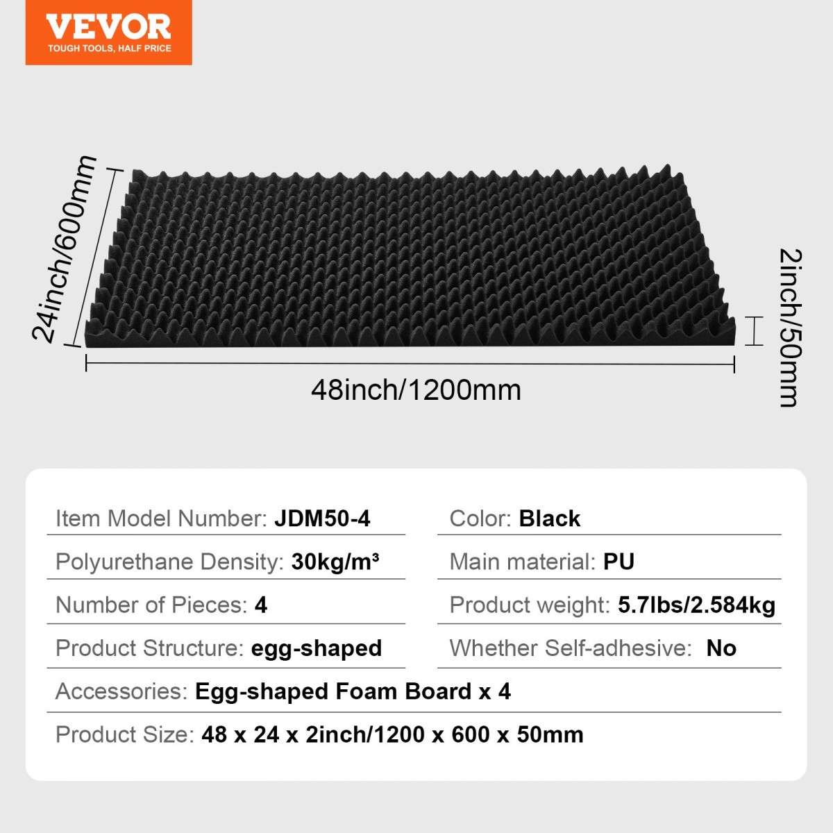 Πάνελ VEVOR Acoustic Foam, 4 Pack 48 x 24 x 2 ίντσες, Ηχομονωτικά πάνελ τοίχου με σχεδίαση αυγού, πάνελ απορρόφησης ήχου για τοίχο και οροφή στούντιο, μαύρο