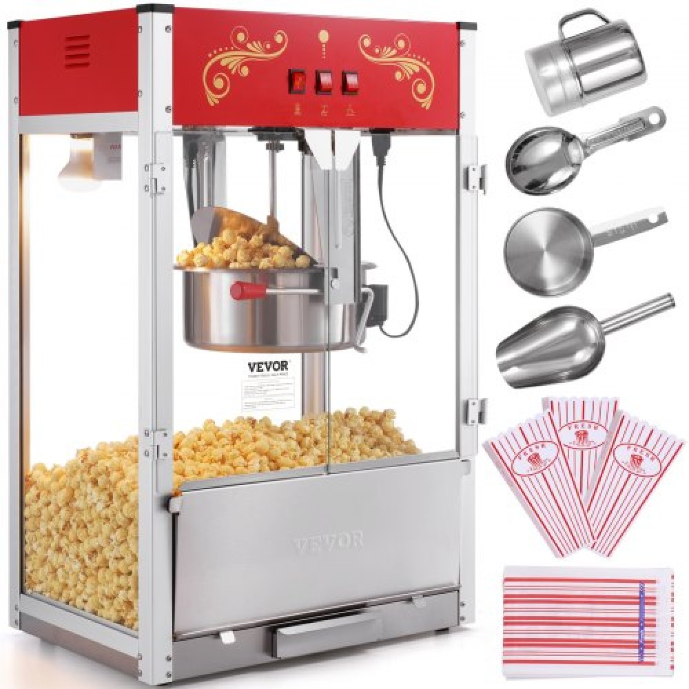 VEVOR Popcorn Maker, 1615W Popcorn Popper Machine, 16 Oz Βραστήρας μεγάλης χωρητικότητας Πάγκος παρασκευής ποπ κορν με σκληρυμένο γυαλί, Περιλαμβάνει 3 σέσουλες από ανοξείδωτο χάλυβα, κινηματογραφικό στυλ, κόκκινο
