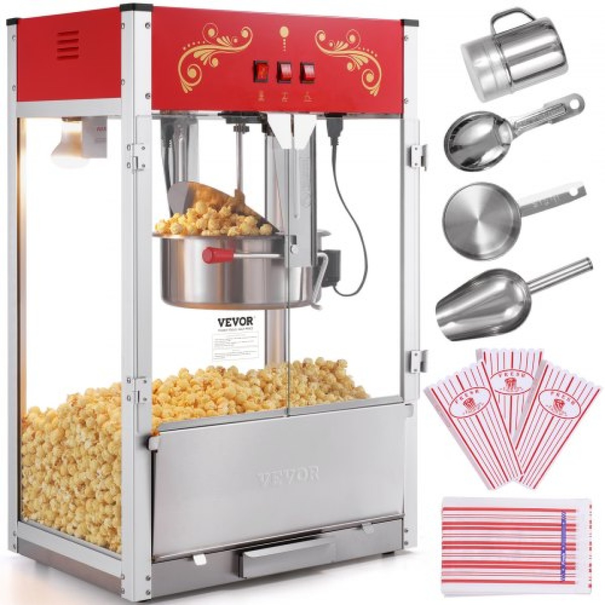 VEVOR Popcorn Maker, 1615W Popcorn Popper Machine, 16 Oz Βραστήρας μεγάλης χωρητικότητας Πάγκος παρασκευής ποπ κορν με σκληρυμένο γυαλί, Περιλαμβάνει 3 σέσουλες από ανοξείδωτο χάλυβα, κινηματογραφικό στυλ, κόκκινο